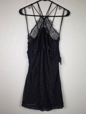 Free People $248 Metallic Blue Black Mini Lace Dress